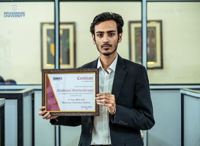 8th-sem BBA LLB student receives 'Best Intern' award from a reputed law firm