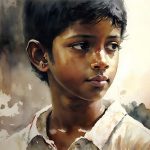 A watercolor painting depicting Phatik, a young boy from Rabindranath Tagore's story "The Homecoming." He has a thoughtful expression, gazing off into the distance, capturing his sense of longing and displacement.