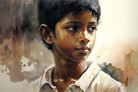 A watercolor painting depicting Phatik, a young boy from Rabindranath Tagore's story "The Homecoming." He has a thoughtful expression, gazing off into the distance, capturing his sense of longing and displacement.