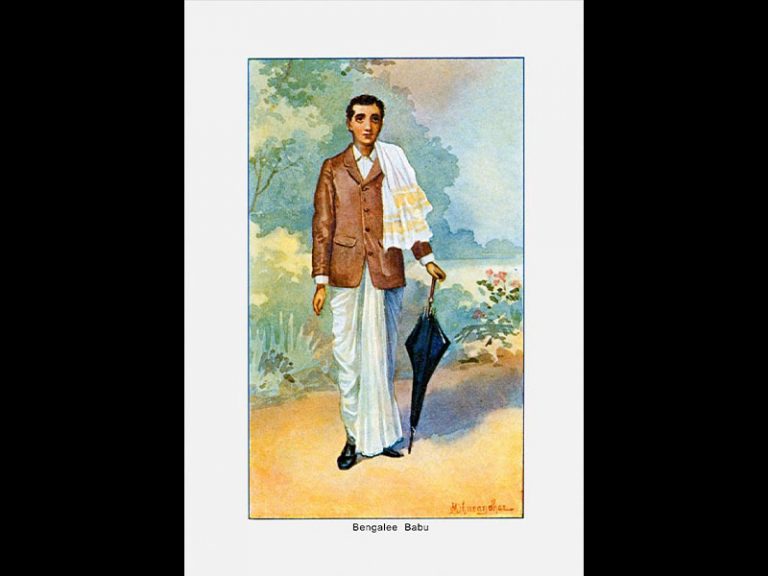 Illustration of a character in traditional Bengali attire from Rabindranath Tagore's short story "The Babus of Nayanjore". The character is a Bengali Babu, depicted wearing a brown blazer over a white dhoti and holding a black umbrella, symbolizing the fusion of Western and Indian cultures that Tagore often explored in his works.