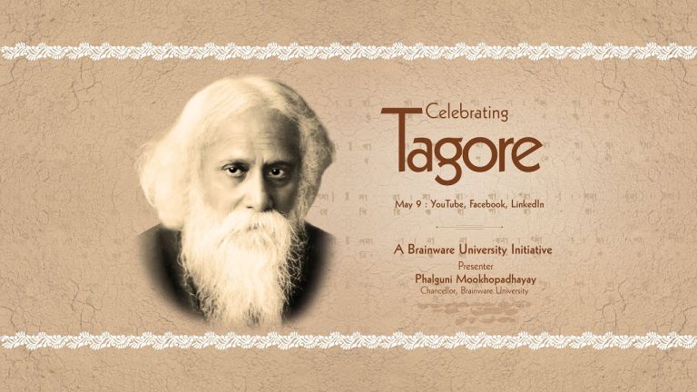 Sepia-toned banner Celebrating Tagore, featuring his portrait. Text reads 'Celebrating Tagore' with 'Rabindra Sangeet' and 'May 9' on YouTube, Facebook, LinkedIn. Presented by Phalguni Mookhopadhayay, Chancellor, Brainware University.