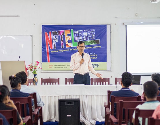 Brainware university teacher giving lecture about NPTEL to students